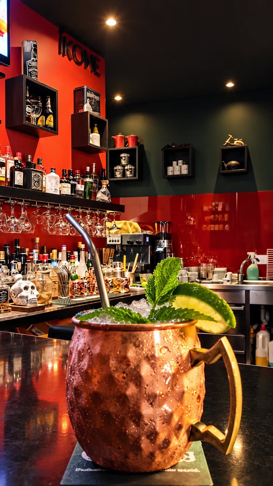 Moscow Mule em caneca de cobre com hortelã e lima, no balcão, com a parede vermelha e o letreiro IKONE ao fundo